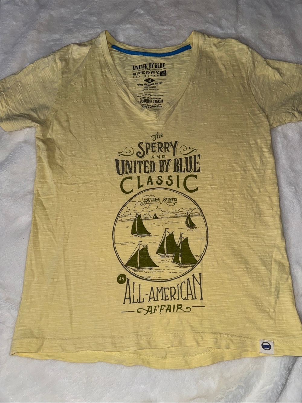 Sperry Yellow V-Neck Graphic Tee with Navy Accents
